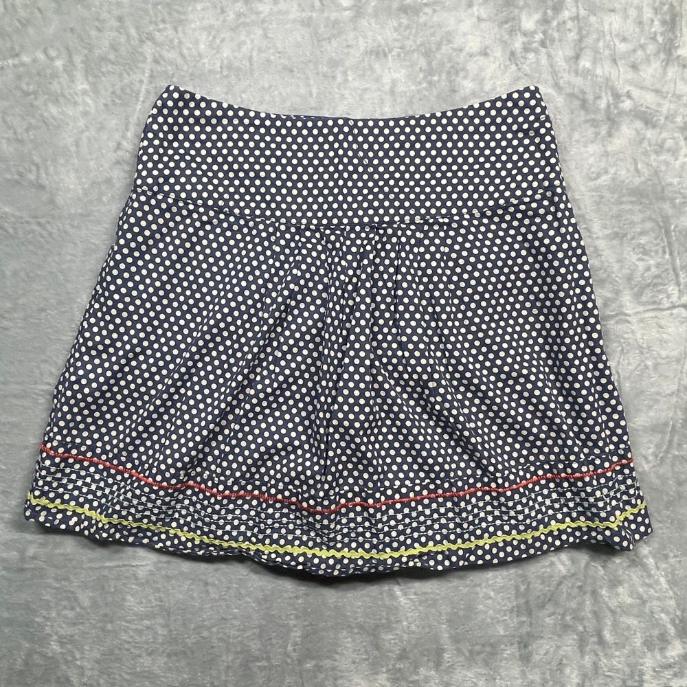 Fossil Mini Skirt Womens 8 Navy Blue Polka Dot Ric-Rac Trim Pleated Cotton Retro